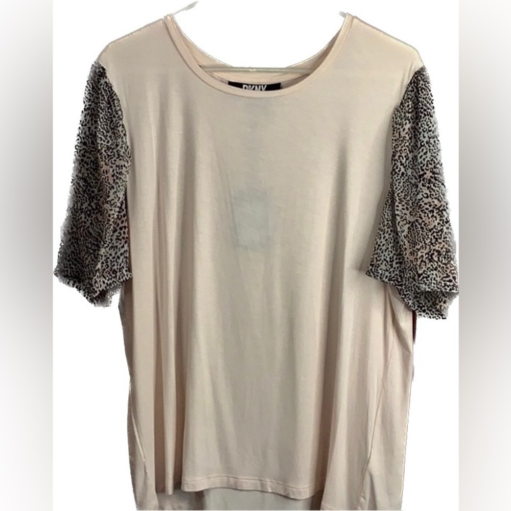 NWT DKNY XL Rayon Top Leopard Animal Print Blouse Sheer Poufy Short Sleeve Shirt